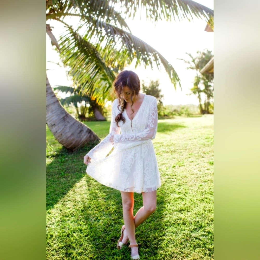 Free People Ivory Lace Long Sleeve Reign on Me Mini Dress Size 4 - Picture 4 of 4